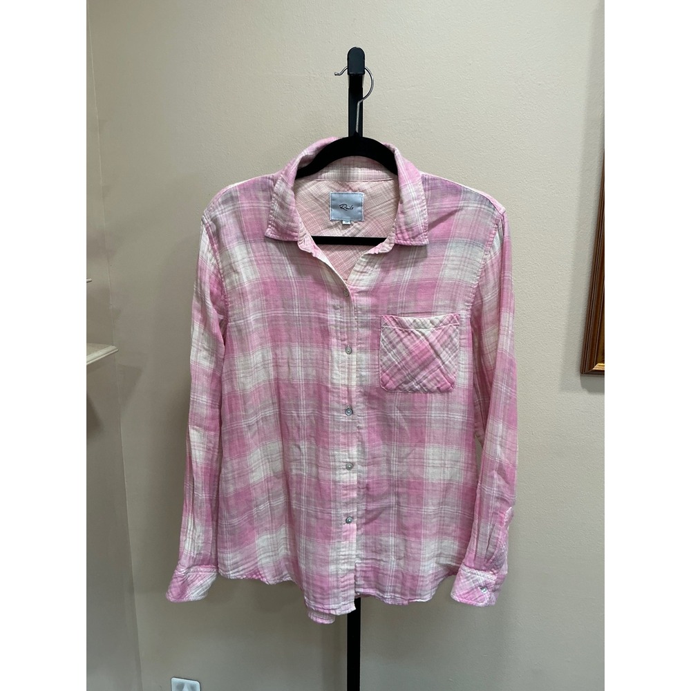 Rails Button Down Shirt Ellis Medium Pink Plaid Organic Cotton Gauze Long Sleeve